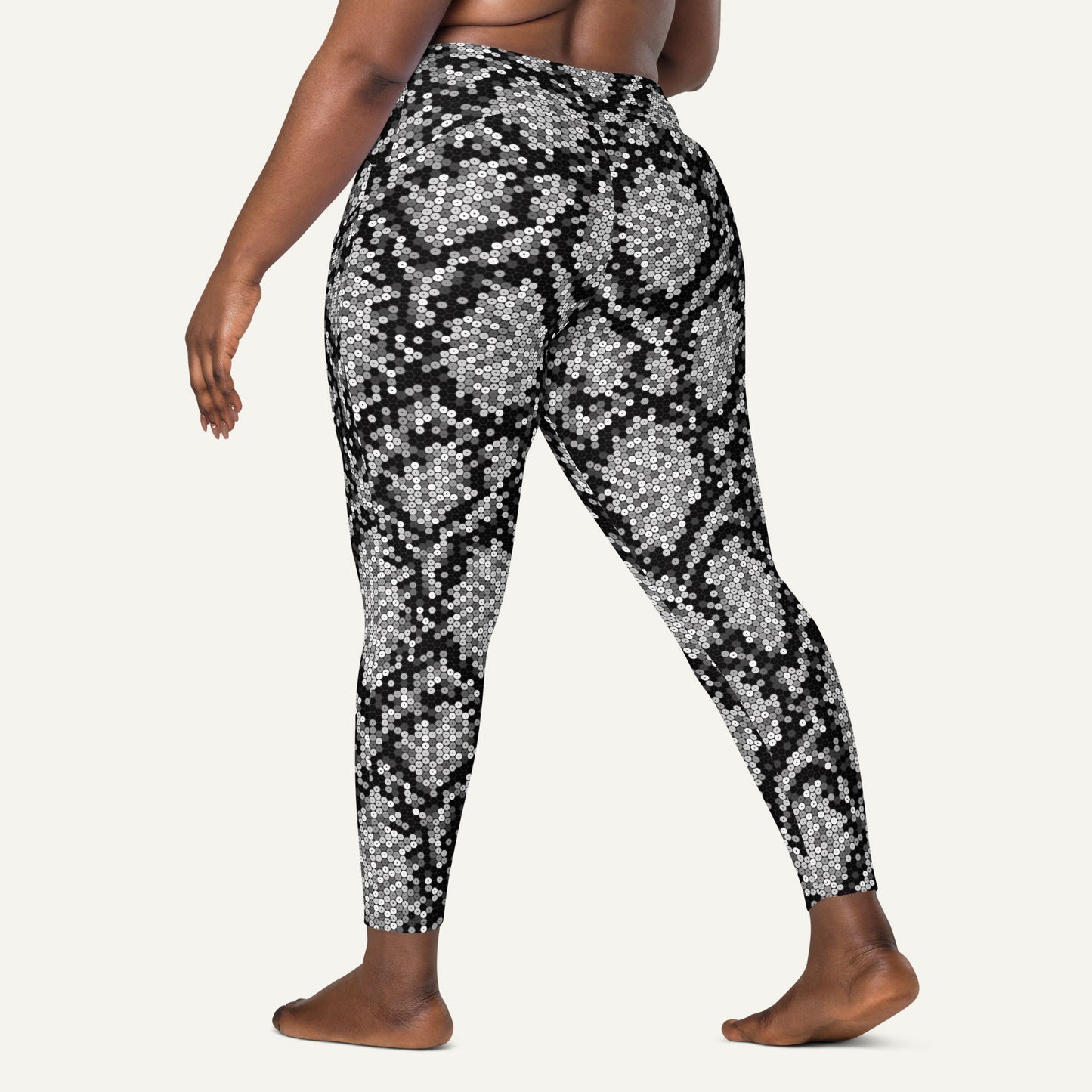Silver Sequin Snakeskin Crossover Pocket Leggings