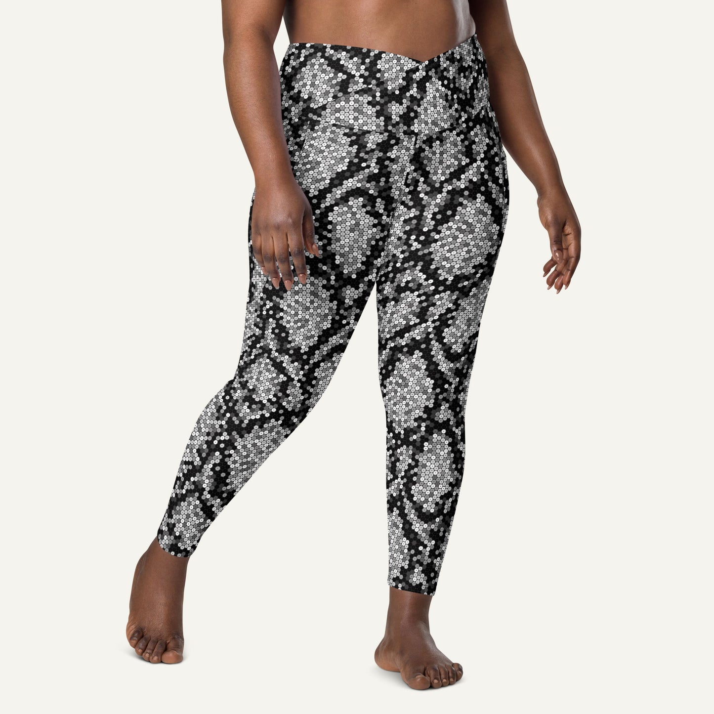 Silver Sequin Snakeskin Crossover Pocket Leggings