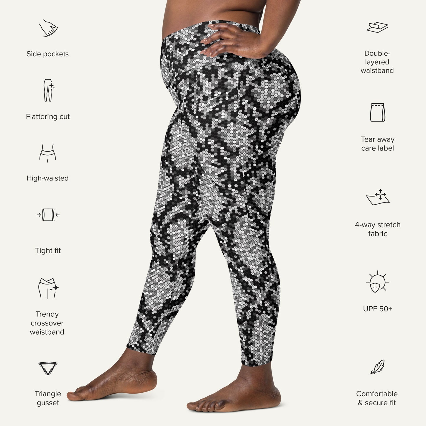 Silver Sequin Snakeskin Crossover Pocket Leggings