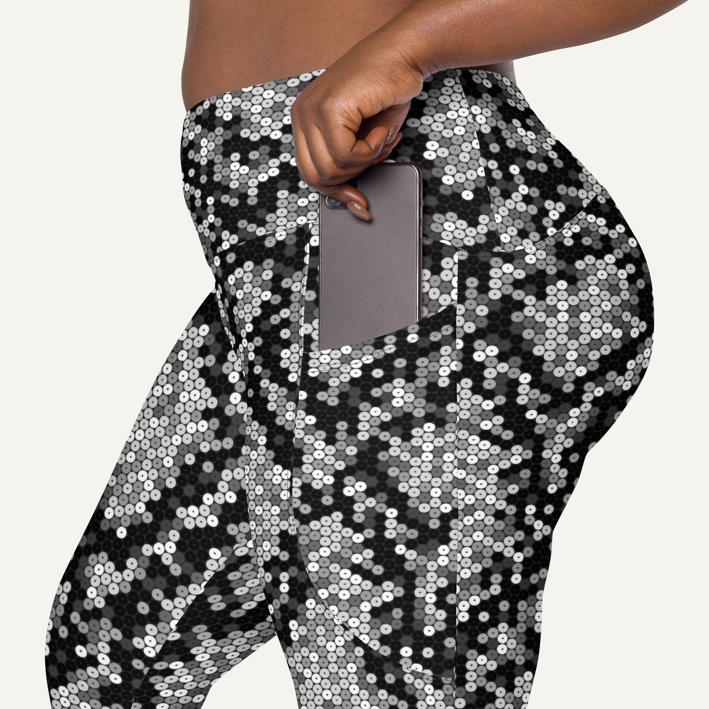 Silver Sequin Snakeskin Crossover Pocket Leggings
