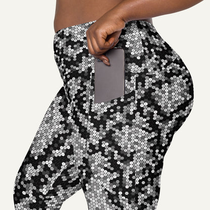 Silver Sequin Snakeskin Crossover Pocket Leggings