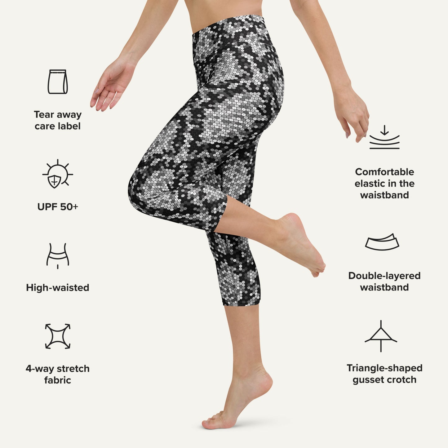 Silver Sequin Snakeskin High-Waisted Capri Leggings