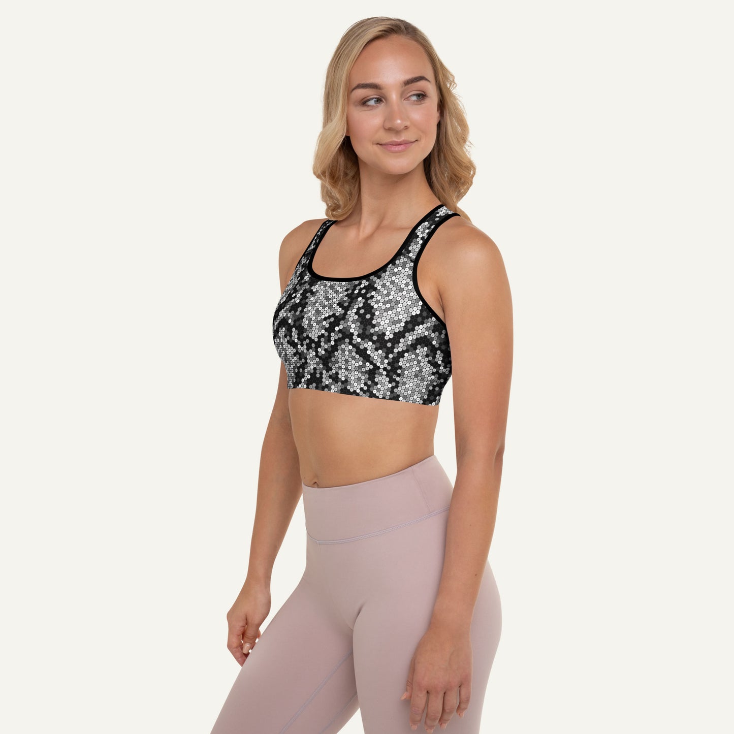 Silver Sequin Snakeskin Padded Sports Bra