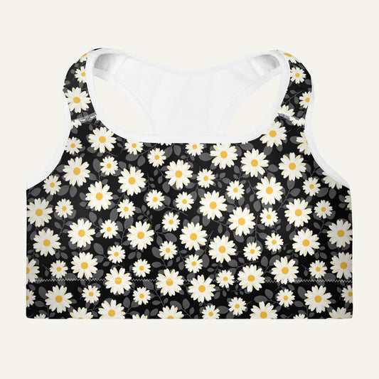 Summer Daisies Black Padded Sports Bra