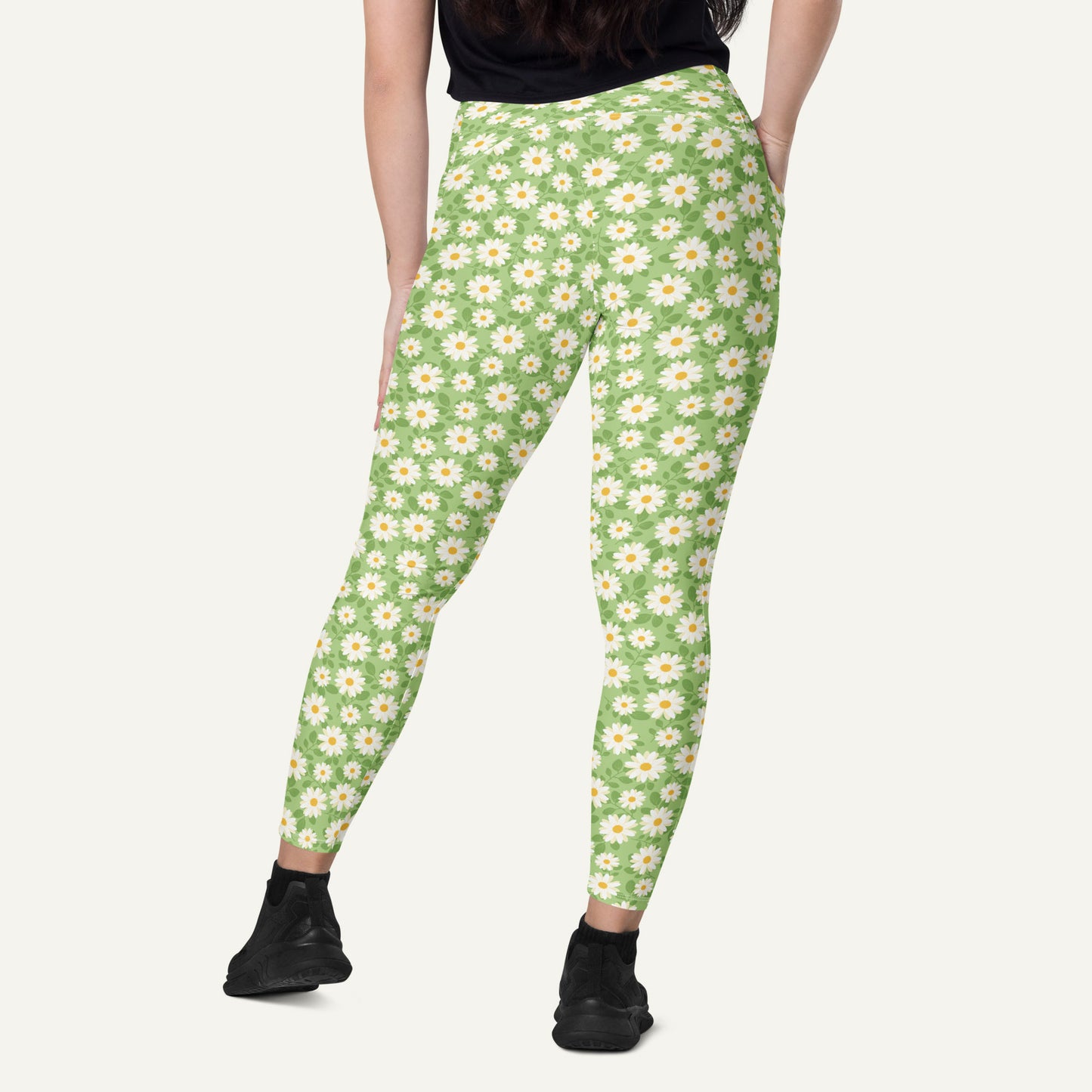 Summer Daisies Green Crossover Leggings With Pockets