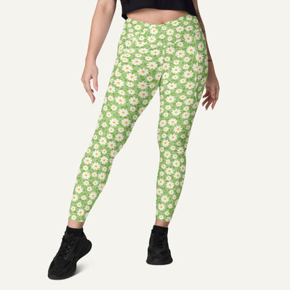 Summer Daisies Green Crossover Leggings With Pockets