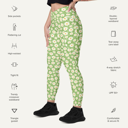 Summer Daisies Green Crossover Leggings With Pockets