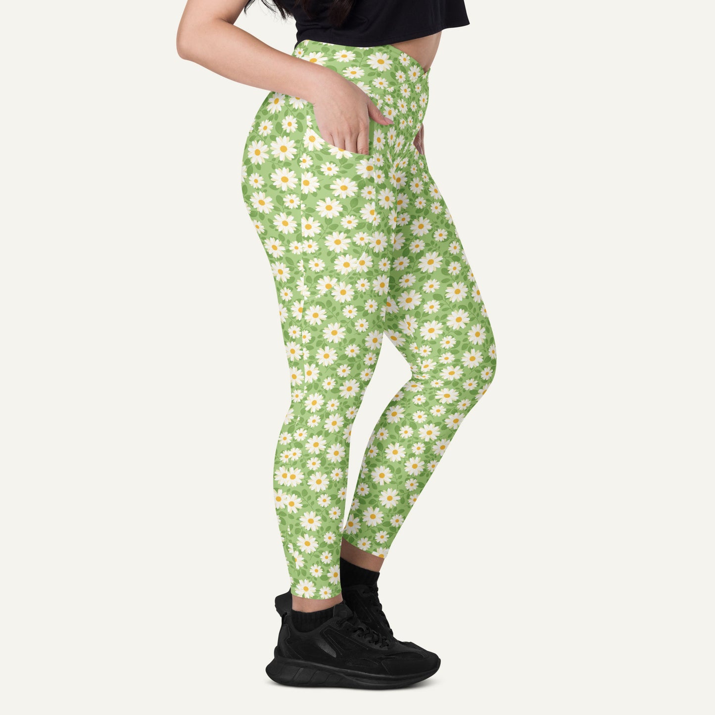 Summer Daisies Green Crossover Leggings With Pockets