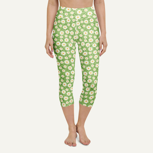 Summer Daisies Green High-Waisted Capri Leggings