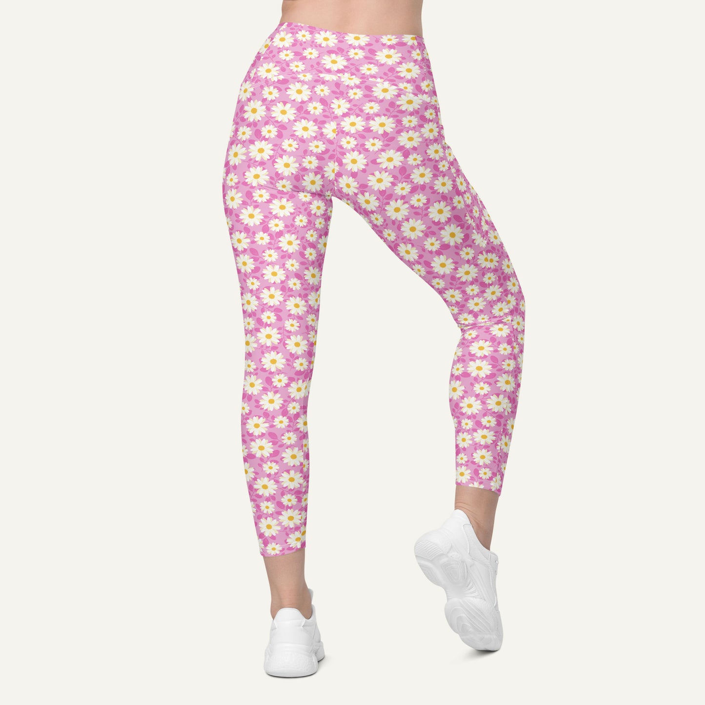 Summer Daisies Pink Crossover Leggings With Pockets