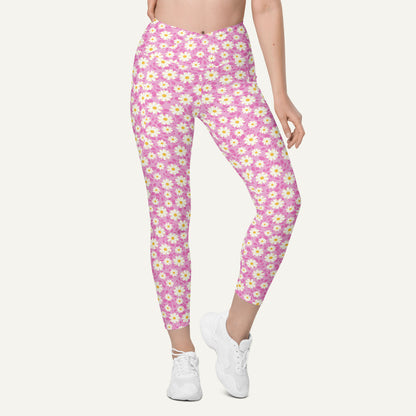 Summer Daisies Pink Crossover Leggings With Pockets