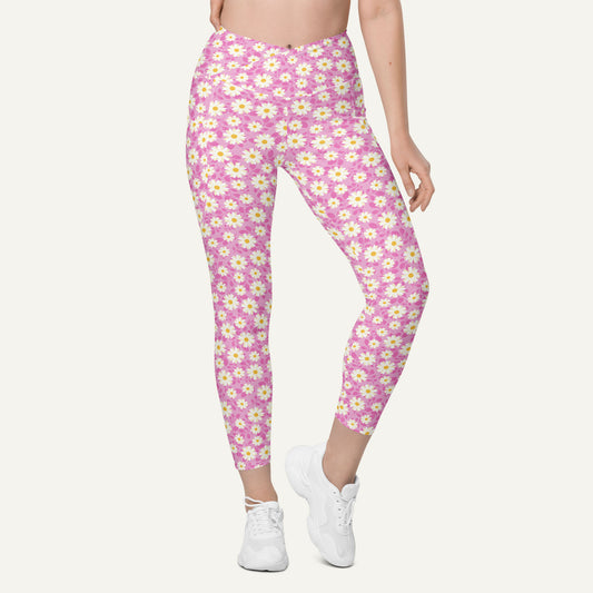 Summer Daisies Pink Crossover Leggings With Pockets