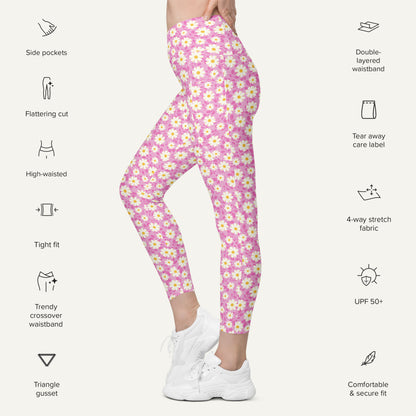 Summer Daisies Pink Crossover Leggings With Pockets