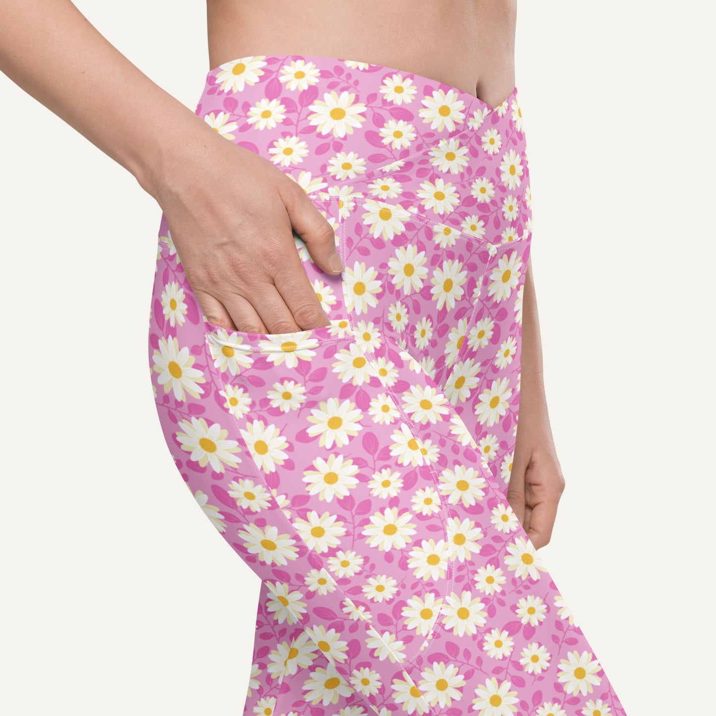 Summer Daisies Pink Crossover Leggings With Pockets