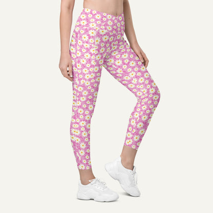 Summer Daisies Pink Crossover Leggings With Pockets