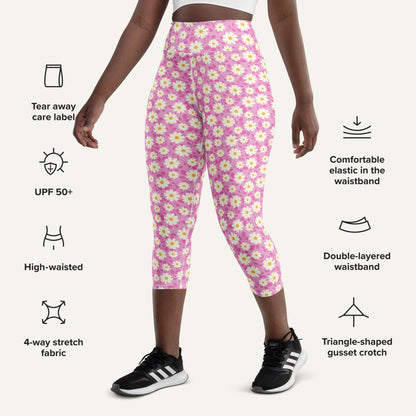 Summer Daisies Pink High-Waisted Capri Leggings