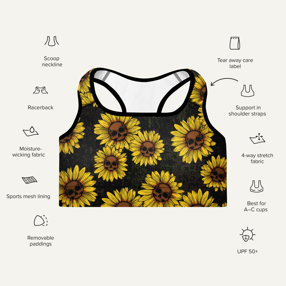 Sunflower Skulls Padded Sports Bra