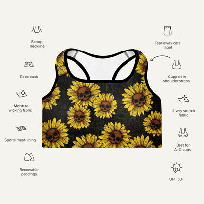 Sunflower Skulls Padded Sports Bra