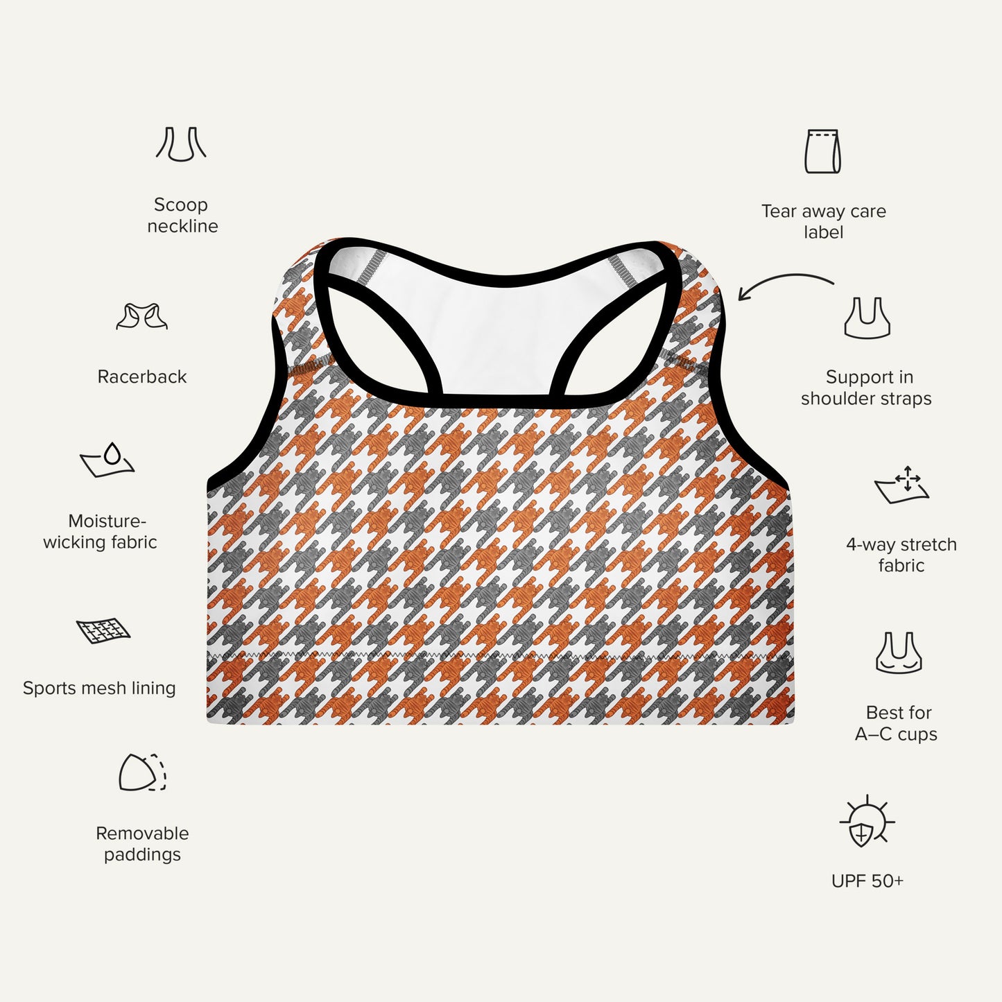 Tabby Cat Houndstooth Padded Sports Bra - Ministry of Sweat