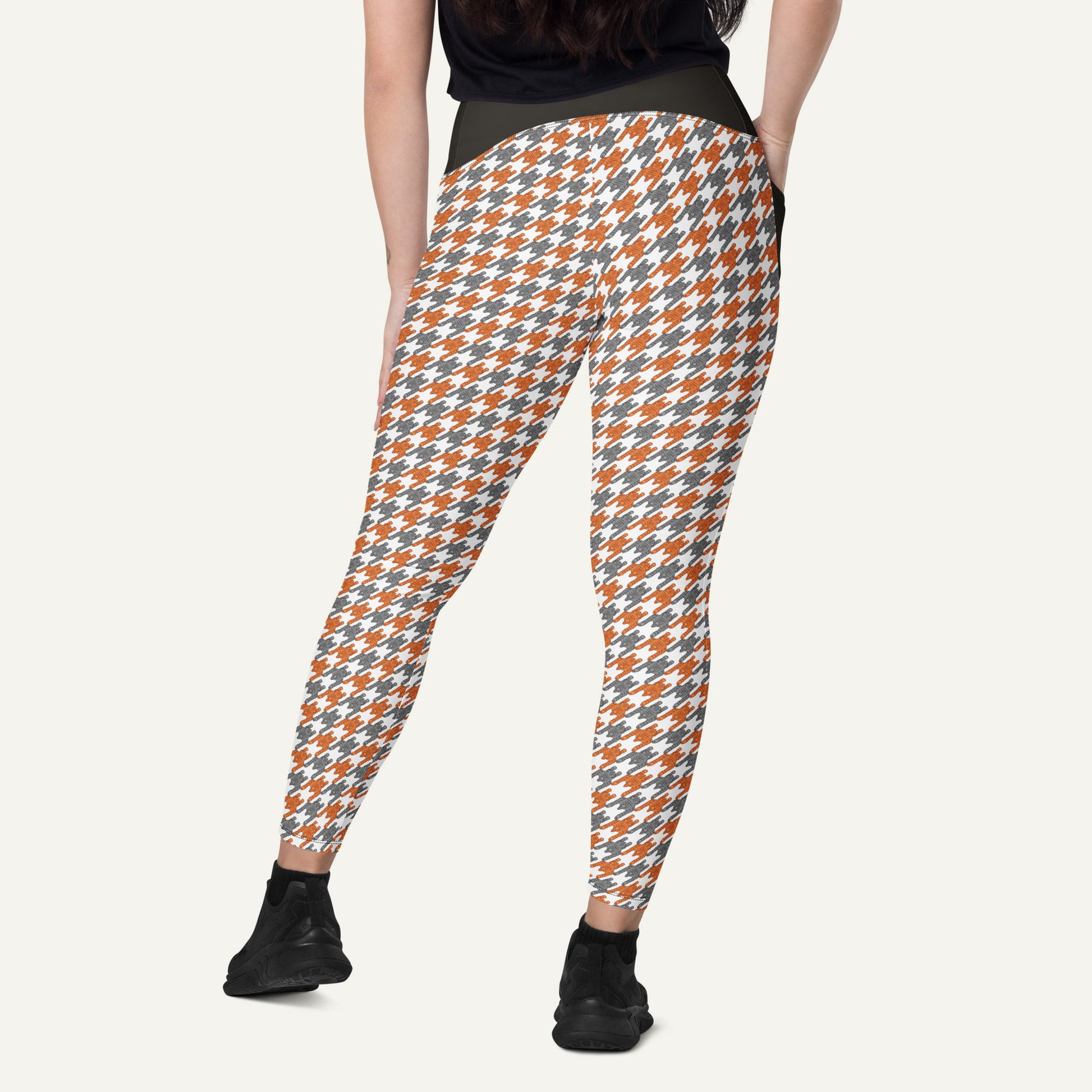 Tabby Cat Houndstooth Crossover Pocket Leggings - Ministry of Sweat