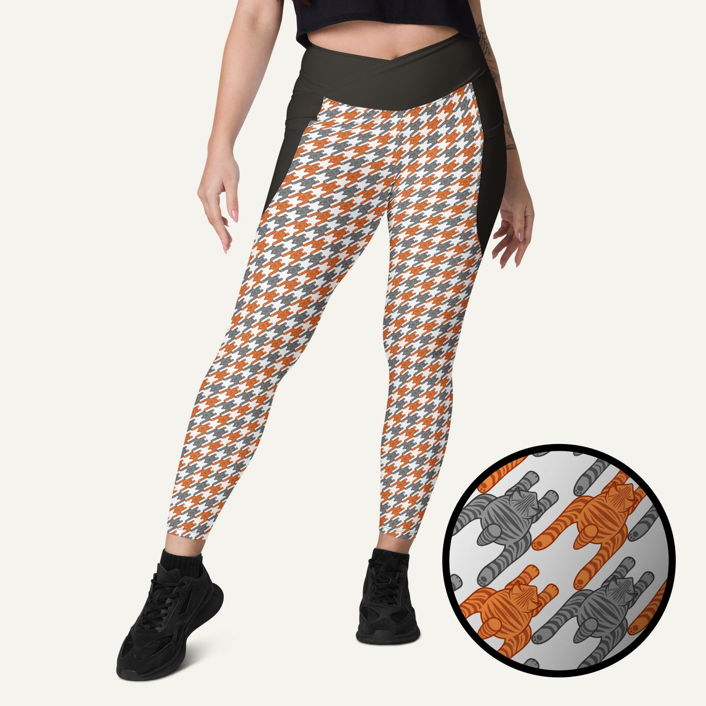 Tabby Cat Houndstooth Crossover Pocket Leggings - Ministry of Sweat