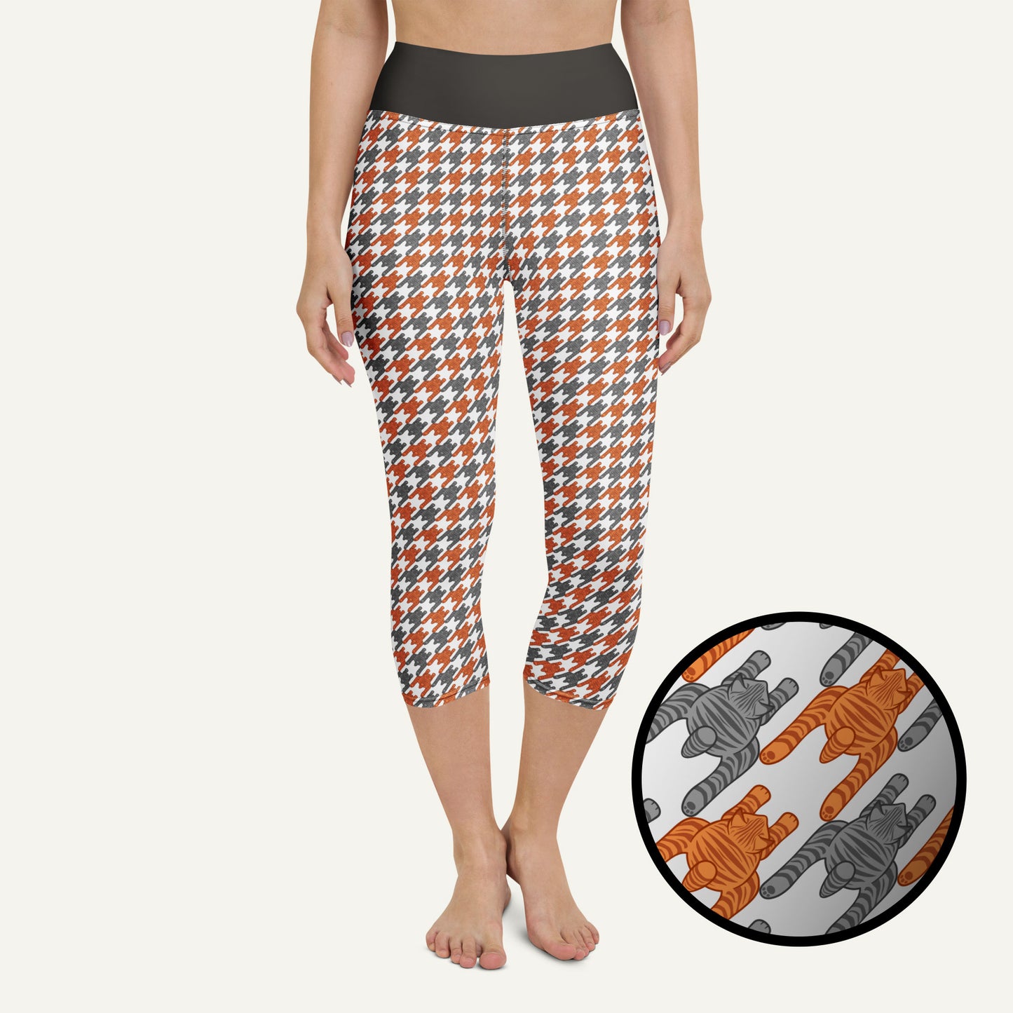 Tabby Cat Houndstooth High-Waisted Capri Leggings