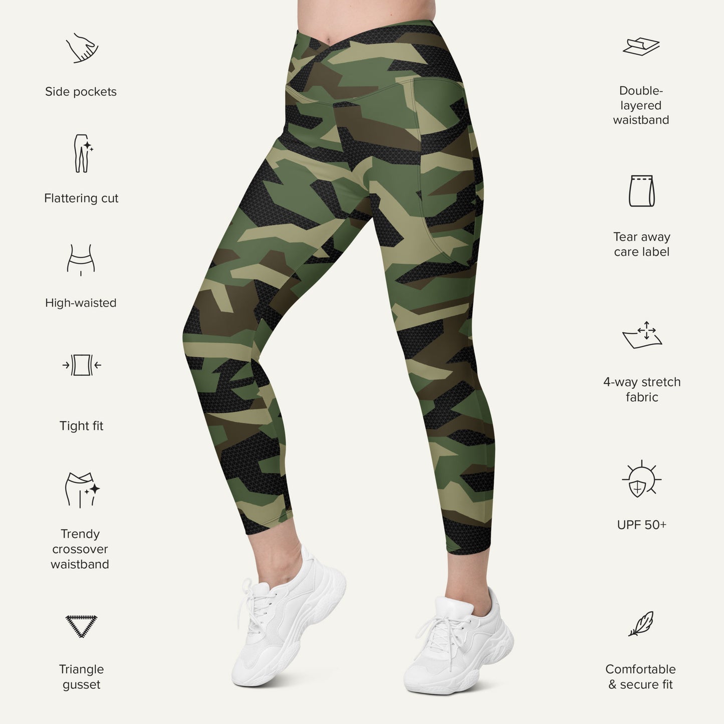 Woodland Geometric Camo Crossover Pocket Leggings - Ministry of Sweat
