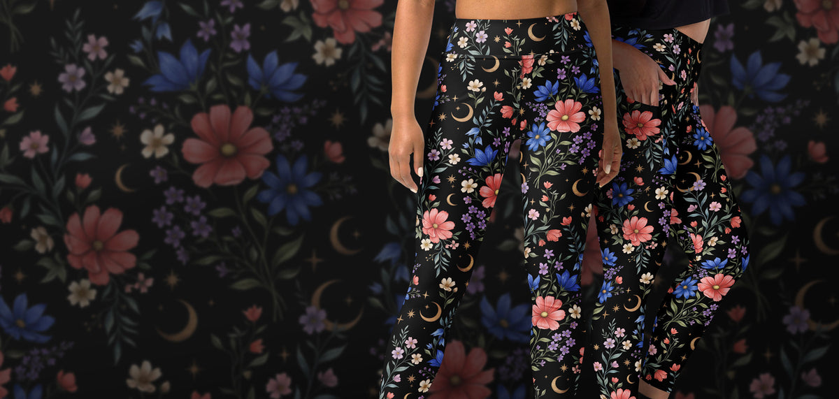 A pair of women's leggings with the new Midnight Meadow pattern, modeled on women against a dard background with a soft meadow pattern.