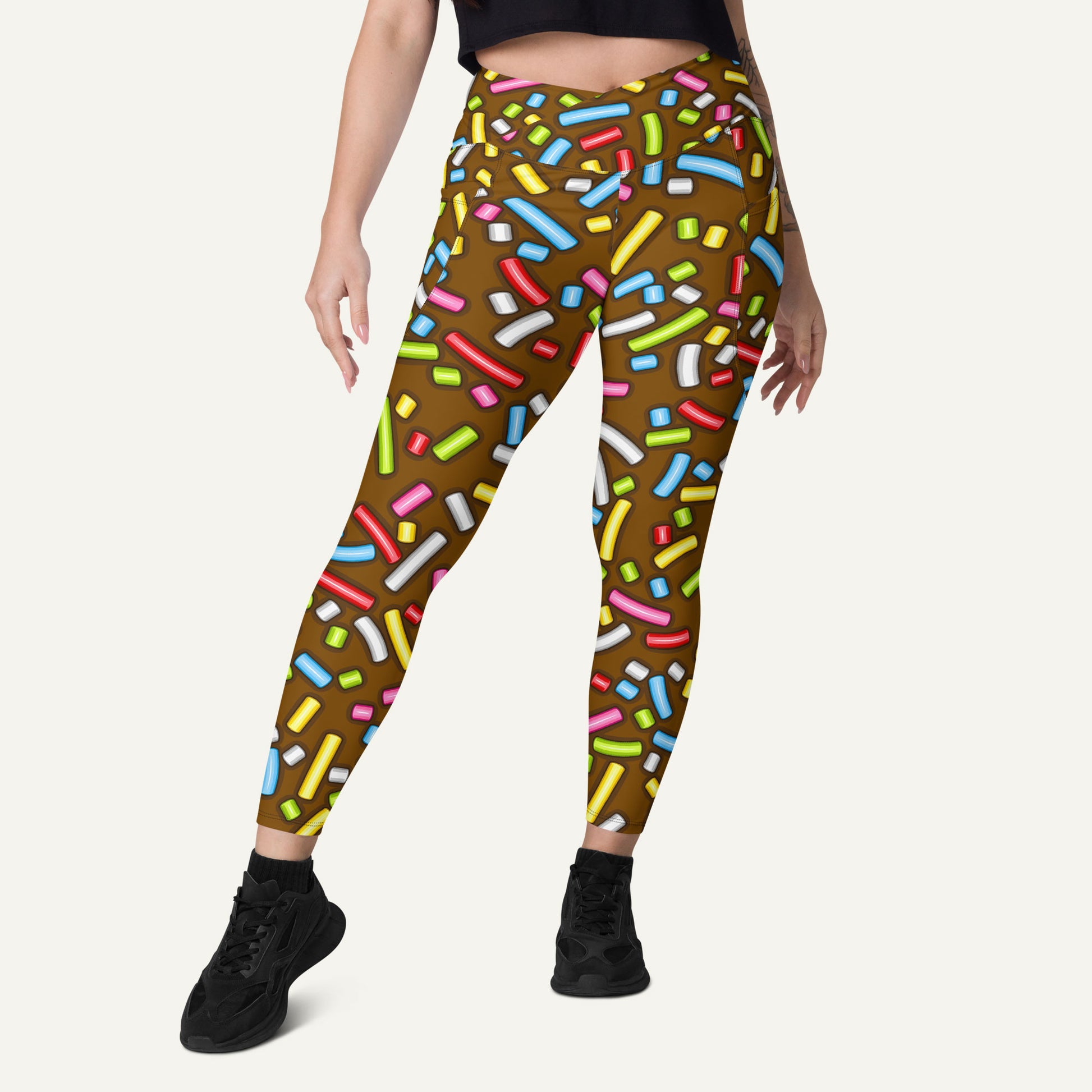 Chocolate Donut Sprinkles High-Waisted Crossover Leggings With