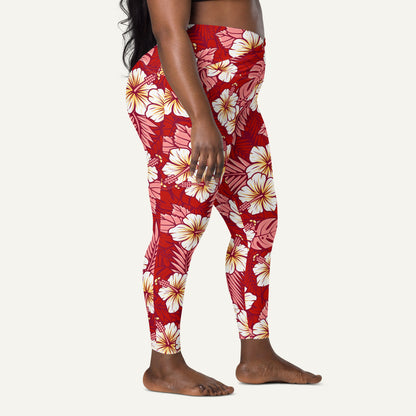 Hawaiian Aloha Red High-Waisted Crossover Leggings With Pockets
