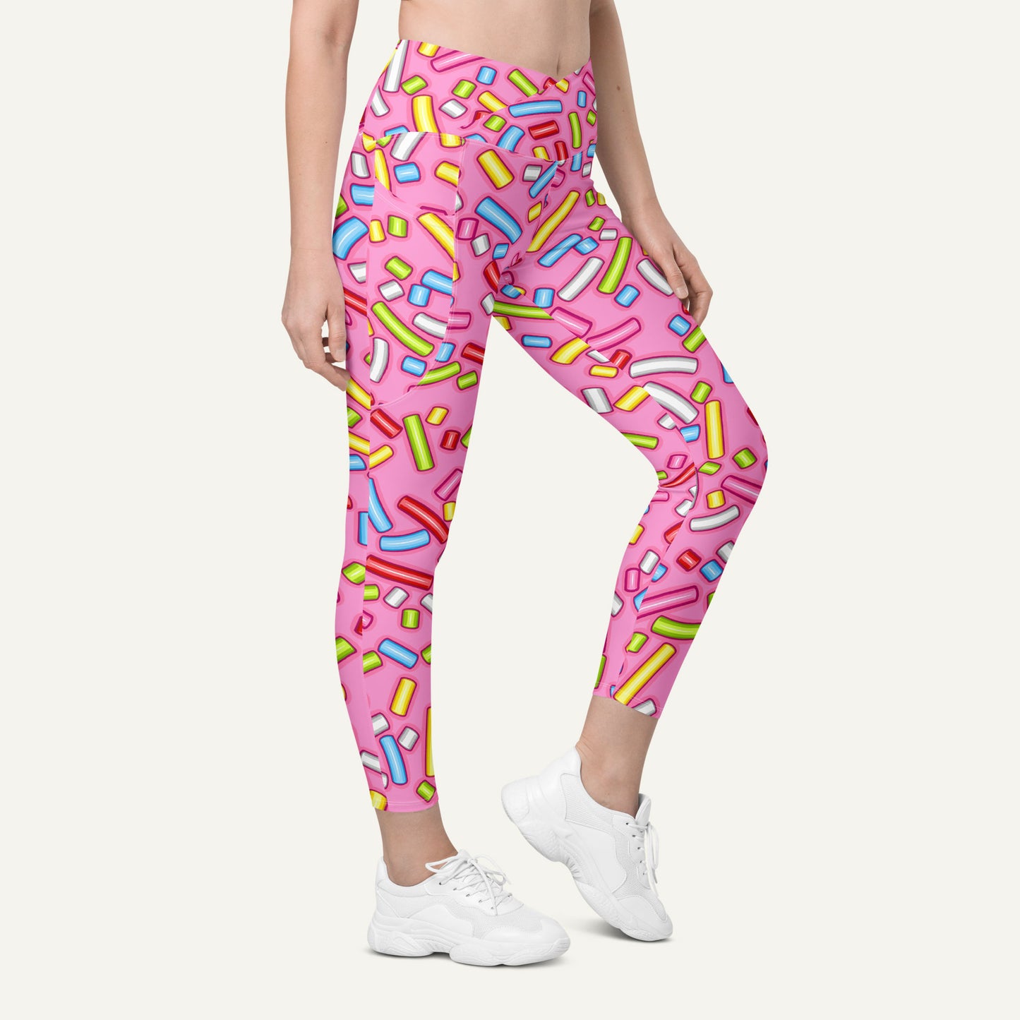 Pink Donut Sprinkles High-Waisted Crossover Leggings With Pockets